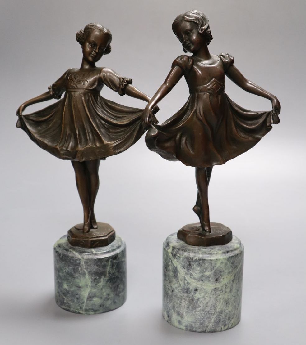 After Preiss - A pair of modern French bronzes of dancing girls, on marble plinths, 26cm high